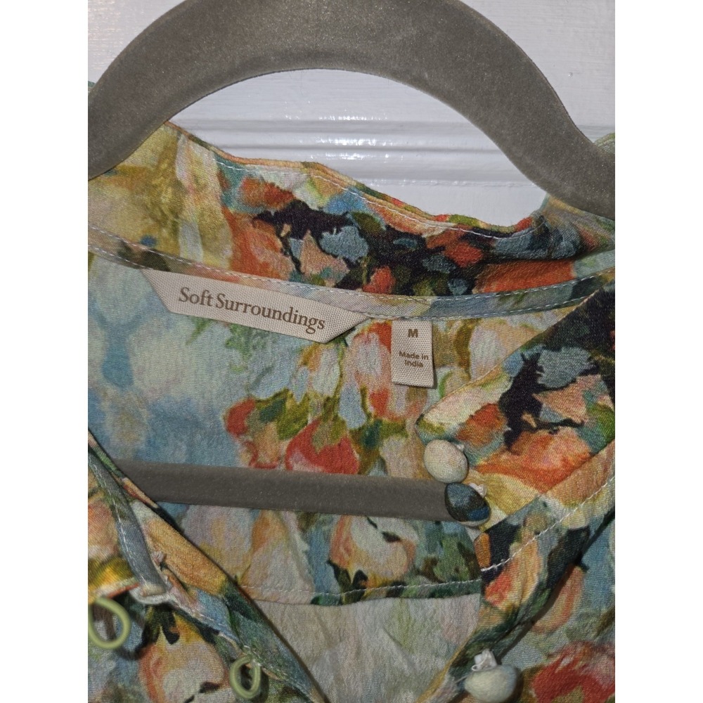 Soft Surroundings Colorful Watercolor Floral High Neck Blouse Embroidery. Medium - Picture 3 of 6